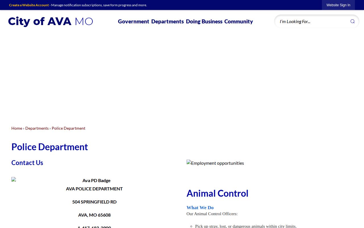 Official Ava Police Department webpage with department contact information