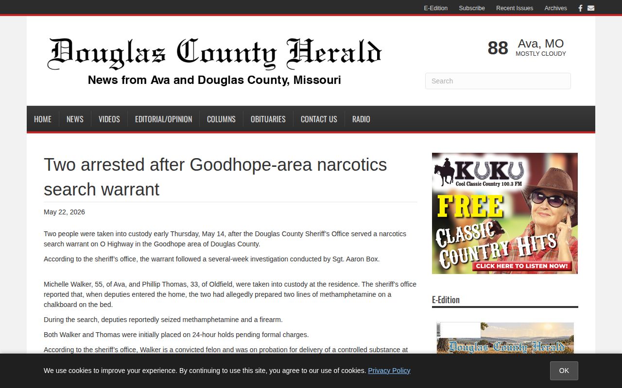 Douglas County Herald article about arrests after a Goodhope-area search warrant