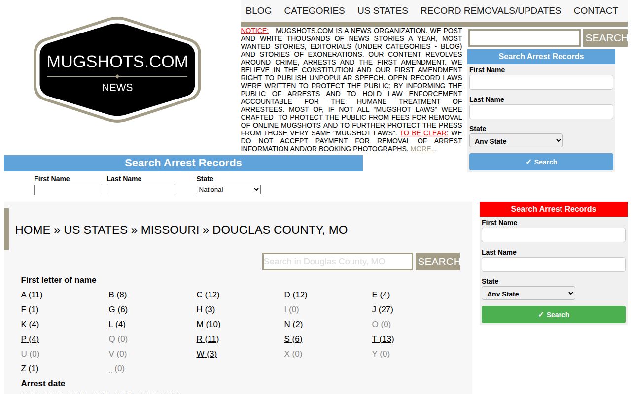 Historical unofficial Mugshots.com Douglas County Missouri page