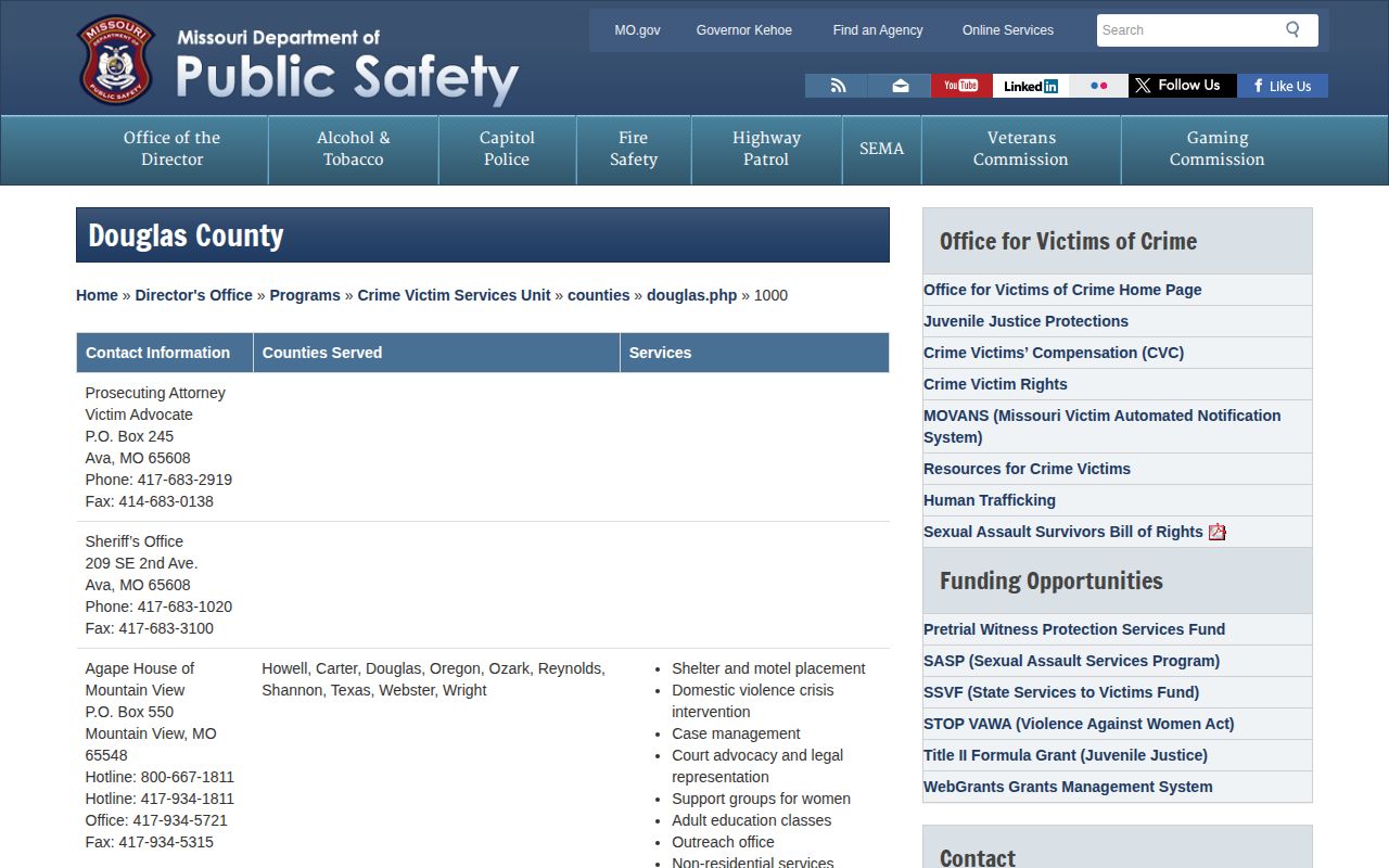 Douglas County Missouri arrest notification and public safety contact reference